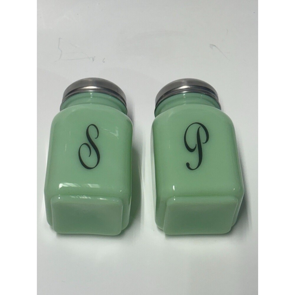 Mosser Glass Jadeite Green Monogram S & P Salt Pepper Shakers Set Vintage Style